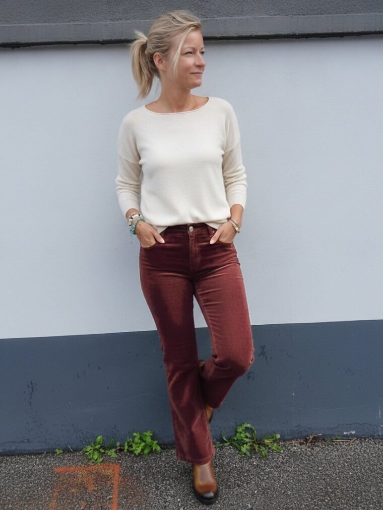 Pantalon Bibette velours côtelé, bordeaux porté par une femme