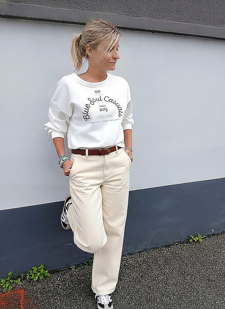 Pantalon écru à ceinture intégrée porté avec un sweat blanc, taille placée haut
