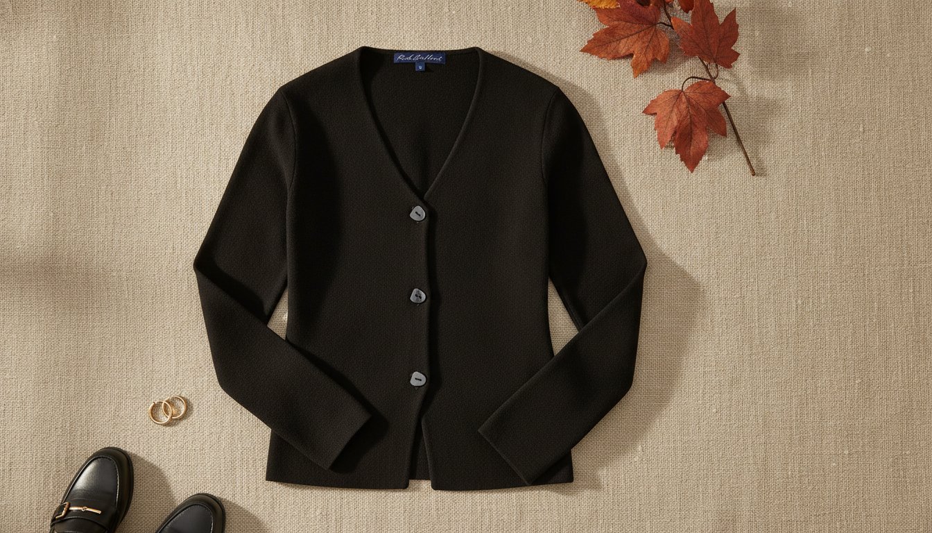 Blazer en maille noir posé à plat avec mocassins et feuilles d’automne