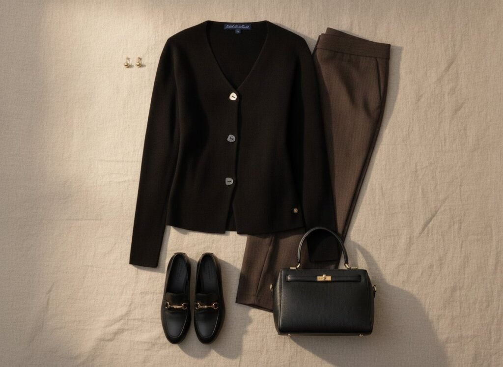 Tenue bureau avec blazer en maille noir, pantalon rayures fines et mocassins