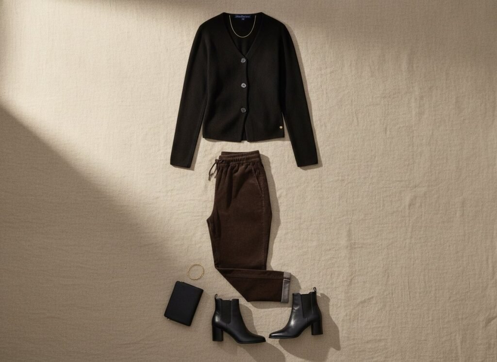 Tenue de dîner avec blazer en maille, pantalon velours espresso et bottines
