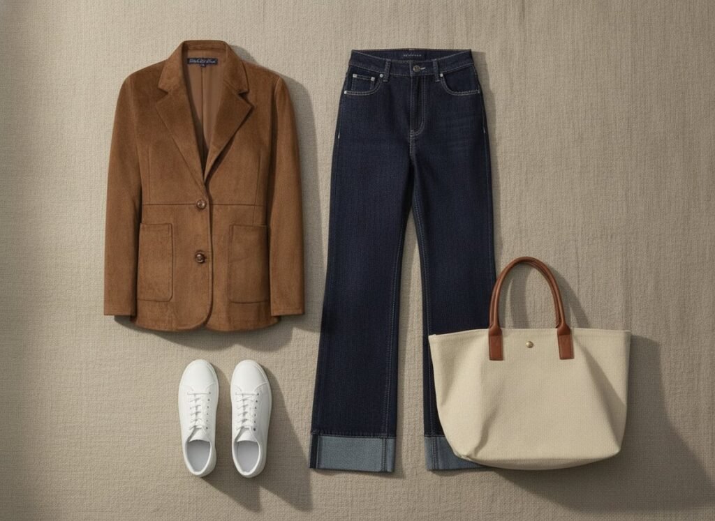 Tenue casual avec blazer marron suédine, jean brut et baskets blanches