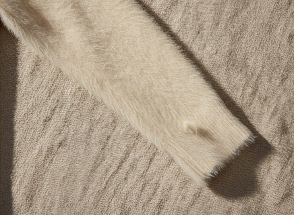 Gros plan sur la maille duveteuse crème du Fuzzy : poils longs couchés, un petit nœud