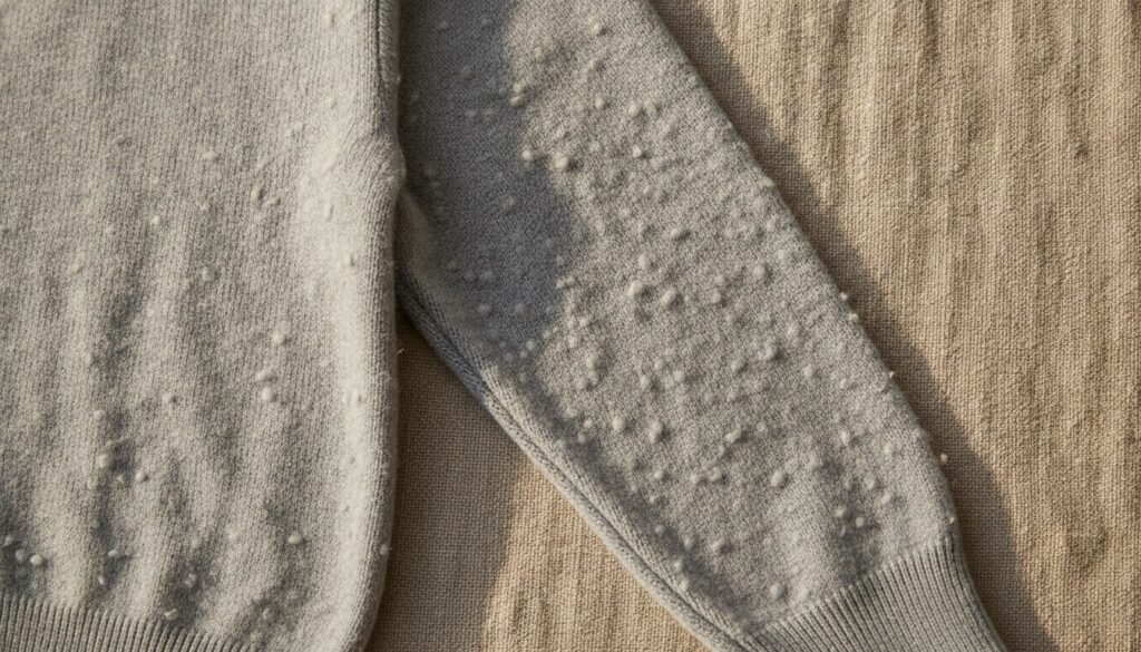 Gros plan sur un pull qui bouloche : petites boules de fibres au coude