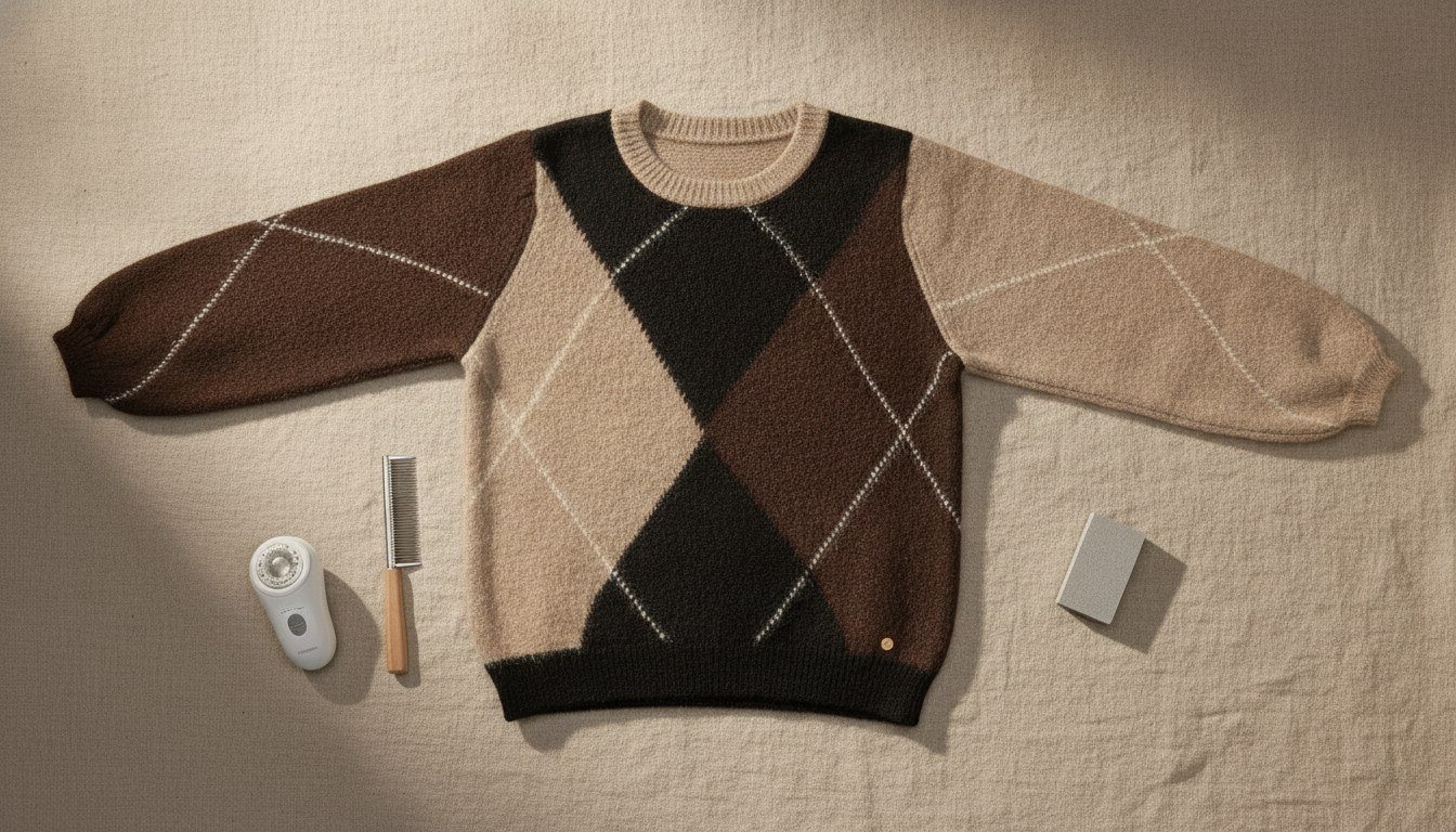 Pull qui bouloche : pull argyle avec rasoir anti-bouloche, peigne et pierre ponce