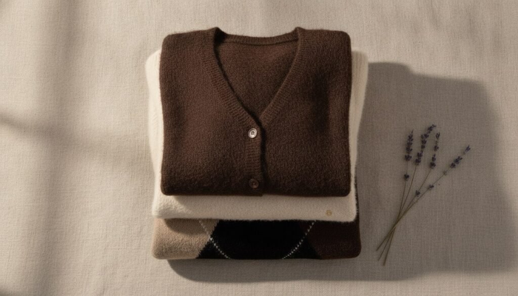 Trois pulls pliés et empilés : argyle, fuzzy crème, cardigan espresso
