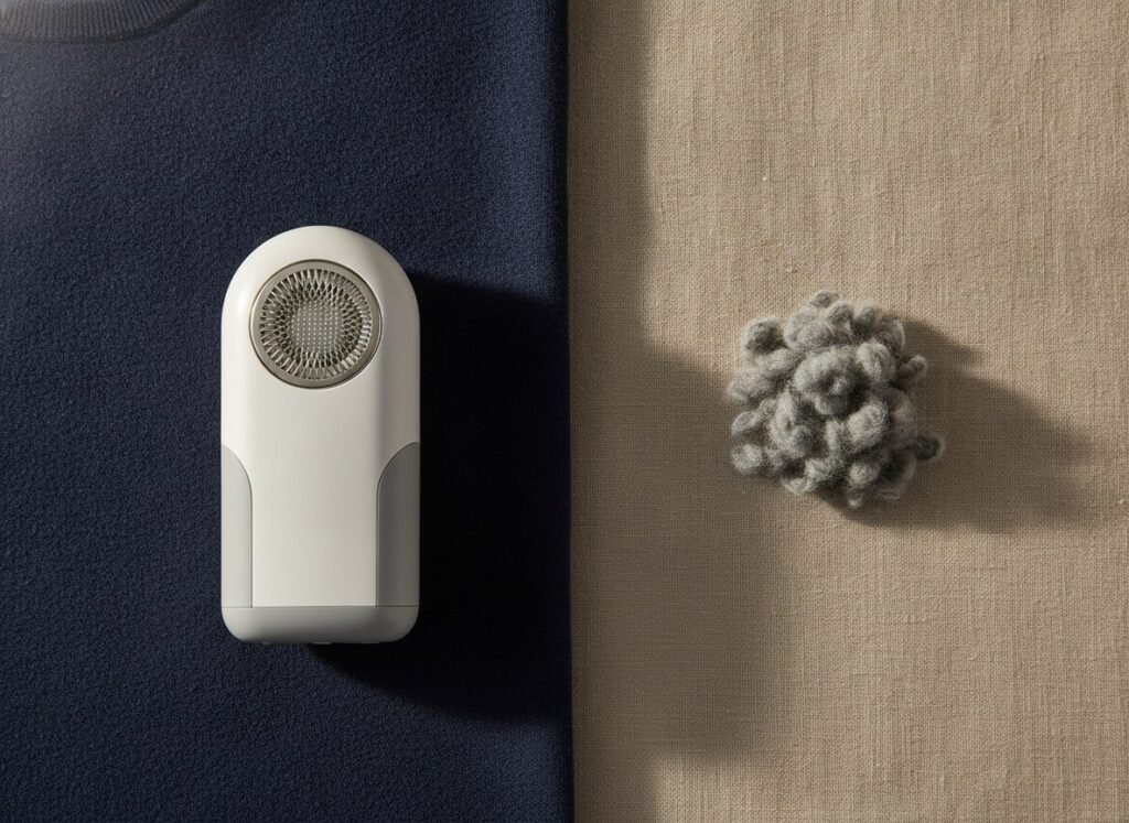 Rasoir anti-bouloche posé sur un pull bleu marine, bouloches retirées à côté