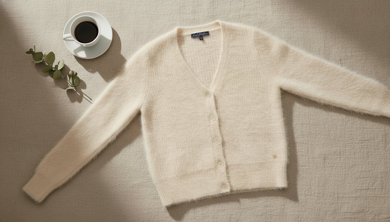 Cardigan crème duveteux posé à plat avec café et eucalyptus