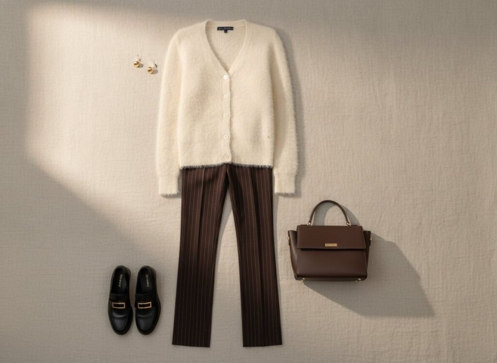 Look bureau avec cardigan crème fermé, pantalon à rayures fines et mocassins