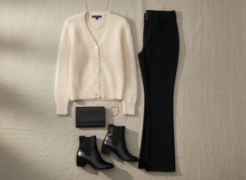 Look du soir avec cardigan crème, pantalon noir et bottines à talon