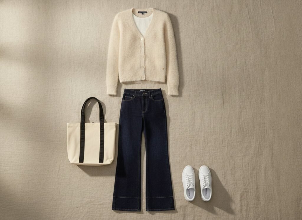 Look week-end avec cardigan sur top écru, jean brut et baskets blanches