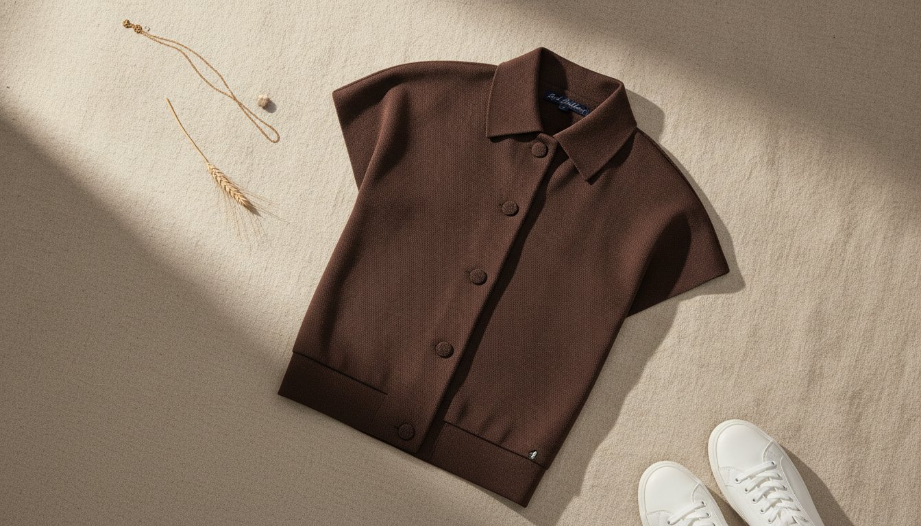 Bomber sans manches espresso posé à plat avec baskets blanches et collier doré