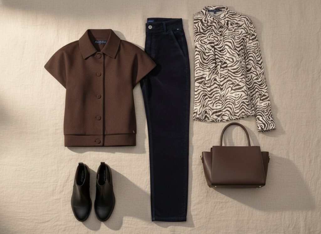 Look d’automne avec bomber sur blouse zébrée et pantalon en velours