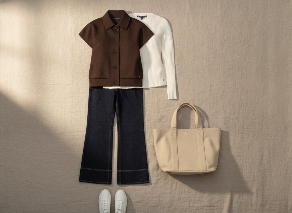 Look net avec bomber sans manches, top écru, jean large et baskets