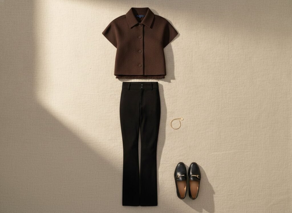 Look ton sur ton avec bomber espresso, top assorti et pantalon noir