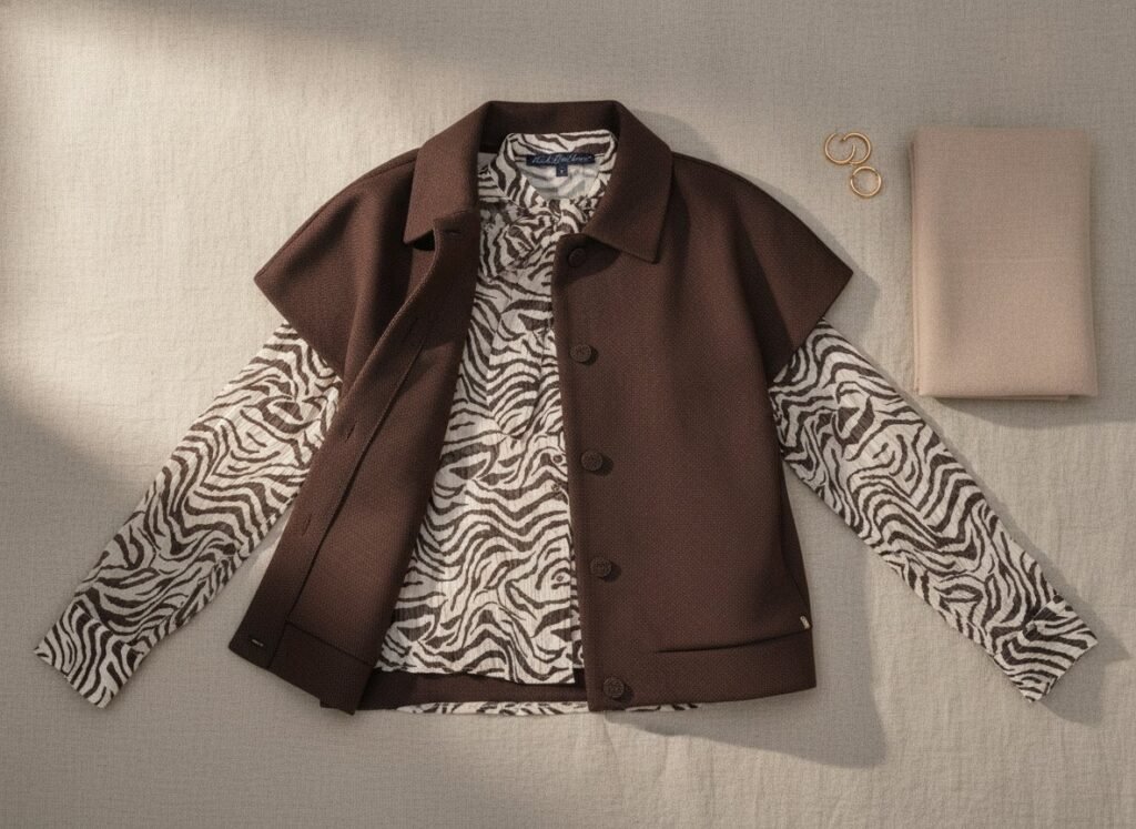 Gilet sans manche en superposition d’automne sur une blouse imprimée