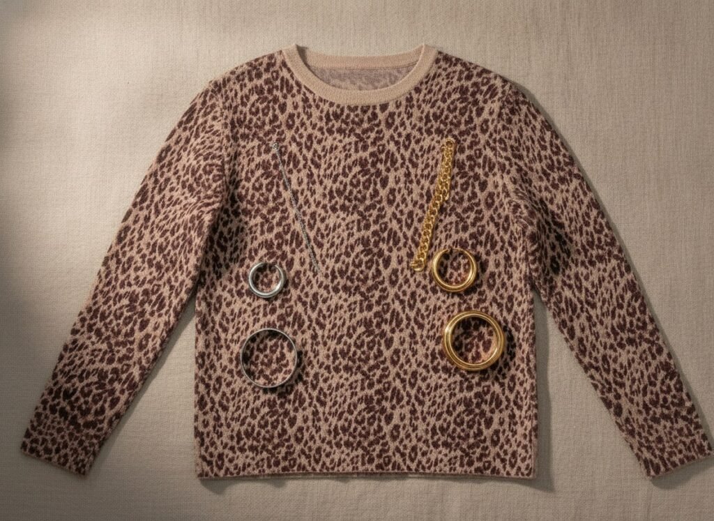 Bijoux argent à gauche, or jaune franc à droite, posés sur un pull bordeaux