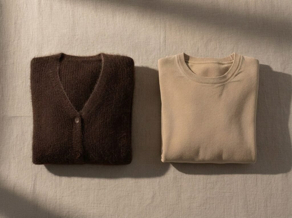 Cardigan espresso profond à côté d’un pull camel passé et terne
