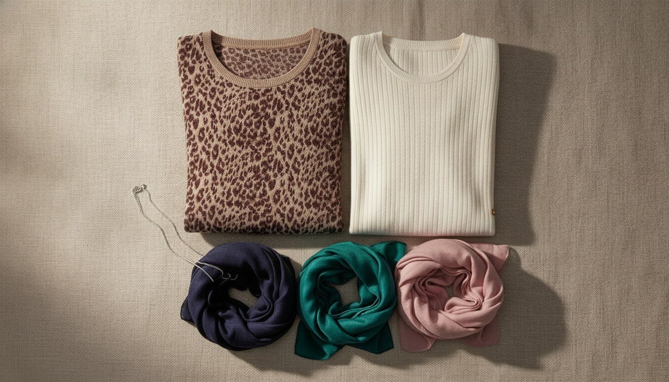 Palette pour cheveux gris : pull bordeaux, top écru, écharpes marine, émeraude et rose poudré, collier argent