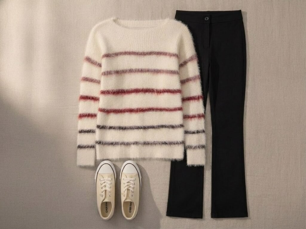 Pull rayé crème et bordeaux, pantalon noir droit et baskets écrues : look lumineux pour cheveux gris