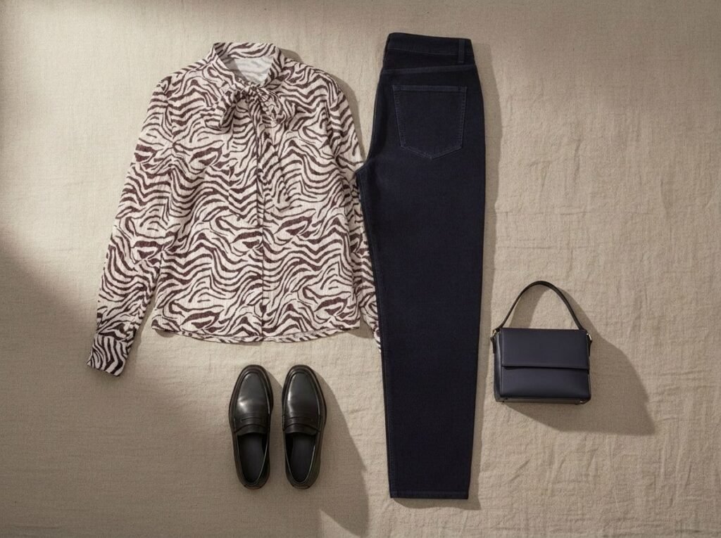 Blouse zébrée bordeaux, pantalon marine fine côte et mocassins : look net pour cheveux gris