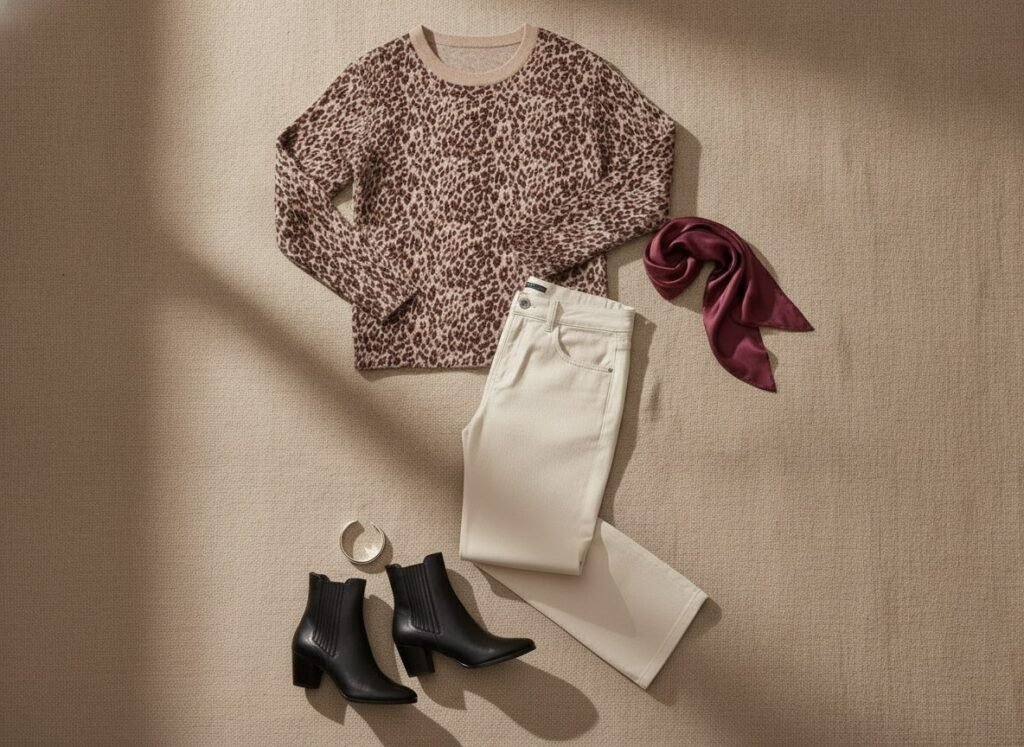 Pull bordeaux imprimé, pantalon écru et bottines noires : look profond pour cheveux gris