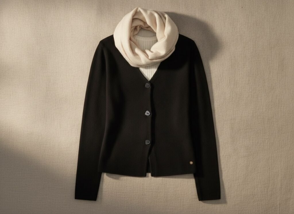 Blazer en maille noir avec un top écru au col et une écharpe claire : le noir sans dureté