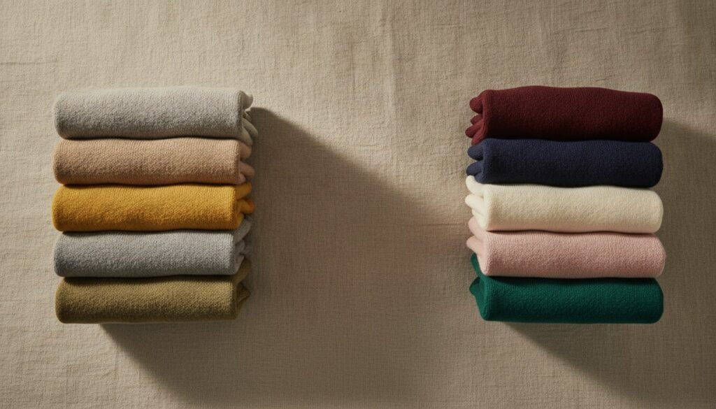 À gauche les tons ternes beige, taupe, gris, moutarde, kaki ; à droite bordeaux, marine, écru, rose poudré, émeraude