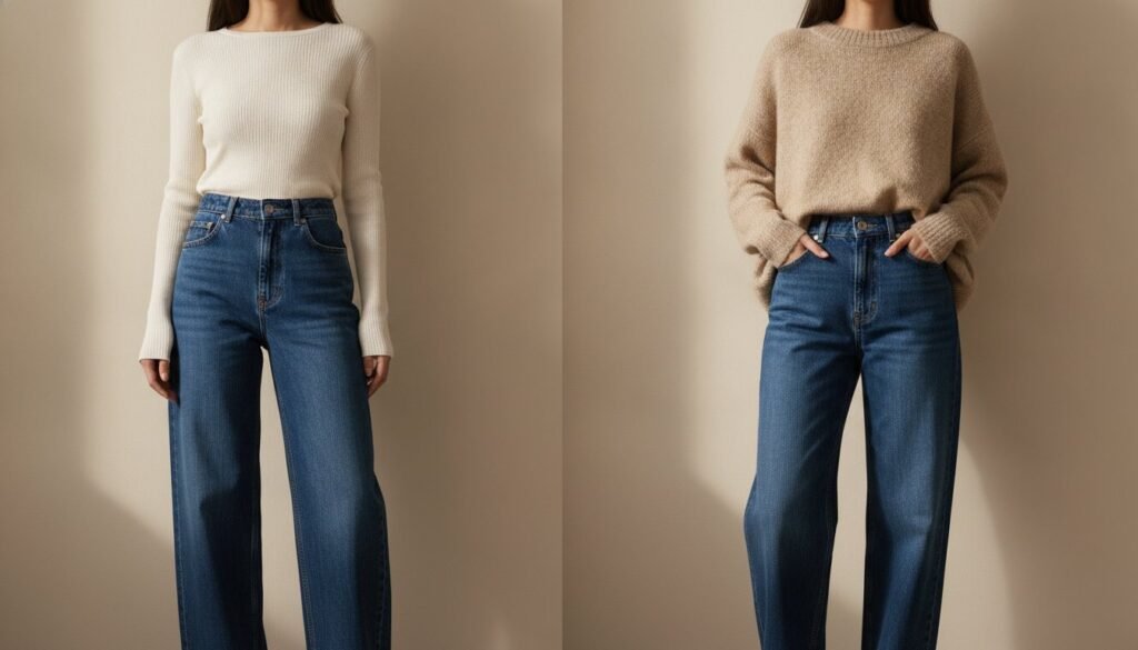 Comparaison jean large : haut rentré équilibré contre pull long qui tasse