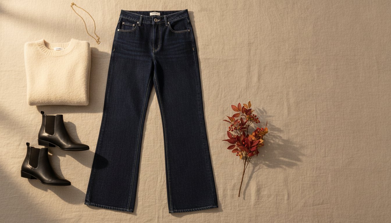 Jean large brut en flat lay avec maille crème et bottines, ambiance automne