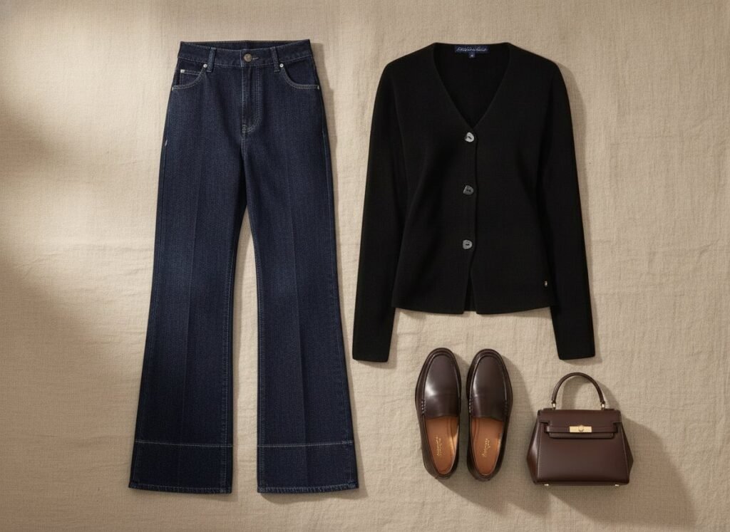 Look bureau : jean large, blazer en maille noir et mocassins