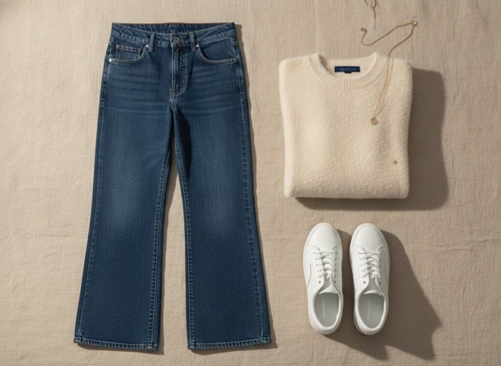 Tenue jean large avec pull crème duveteux et baskets blanches