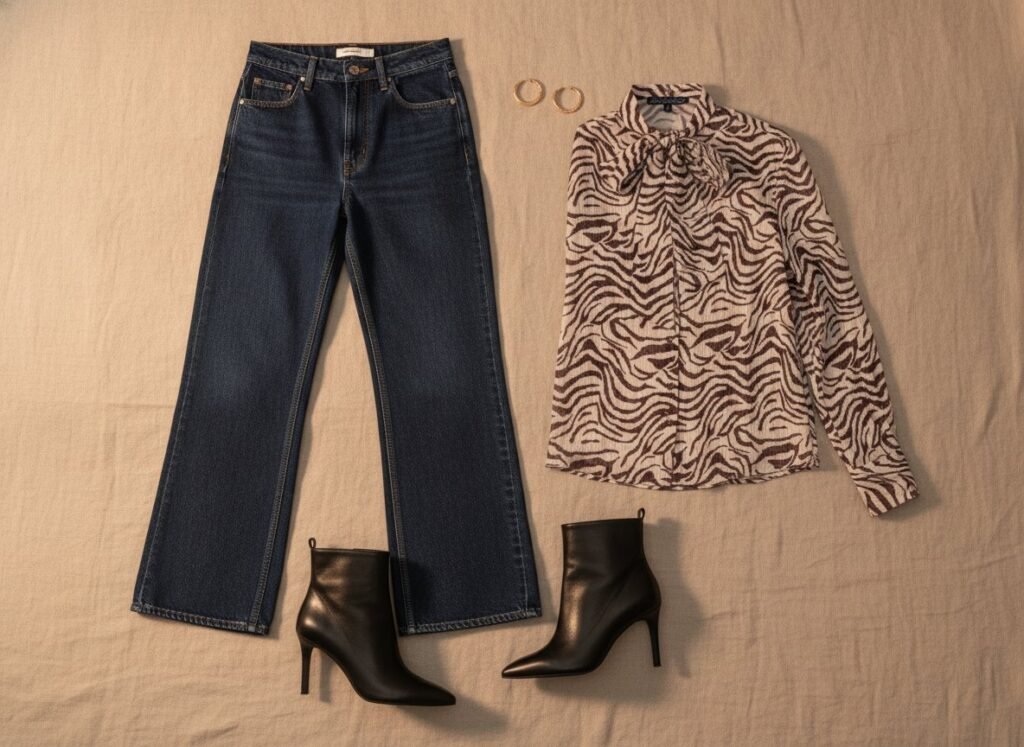 Tenue de soir avec jean large, blouse zébrée et bottines fines