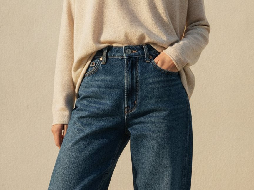 Jean large taille haute avec maille écrue en demi-rentré