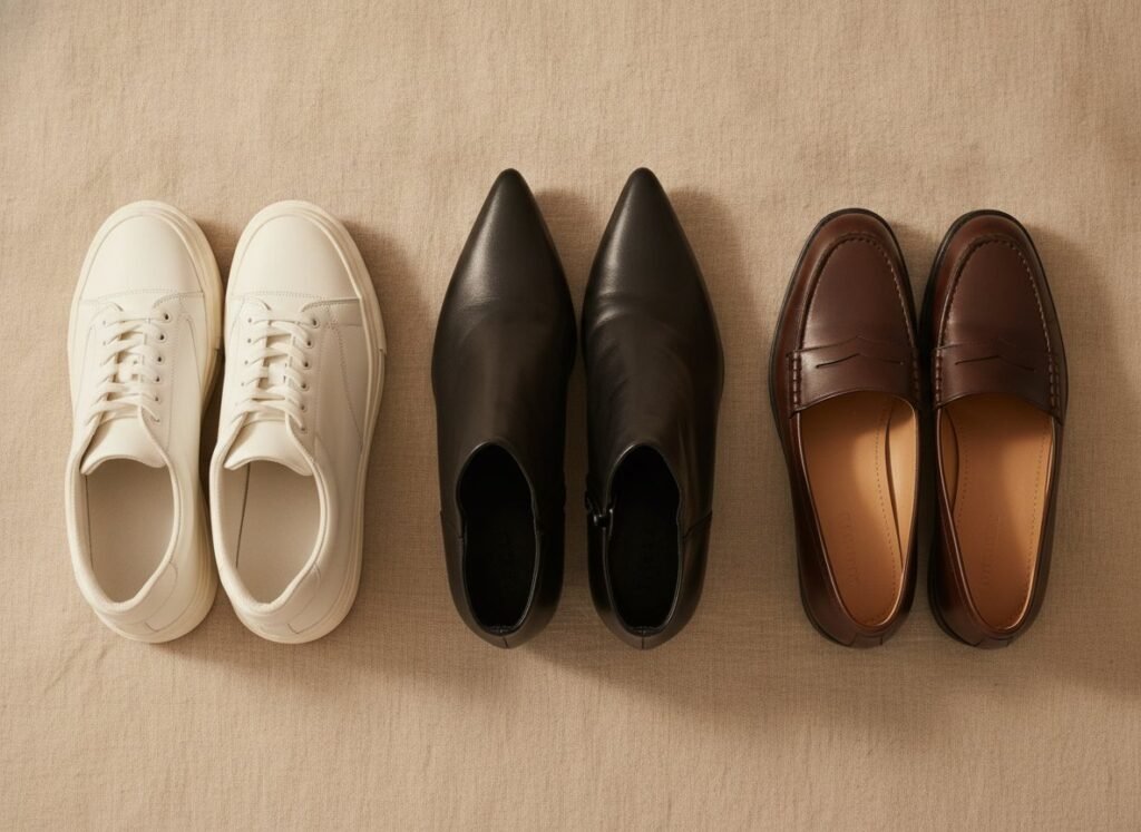 Trois paires de chaussures pour jean large : baskets, bottines, mocassins