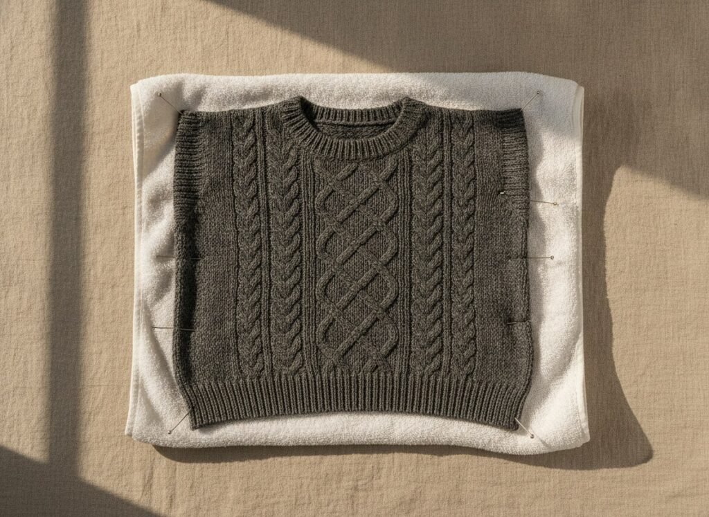 Pull en laine humide épinglé sur une serviette pour retrouver sa taille