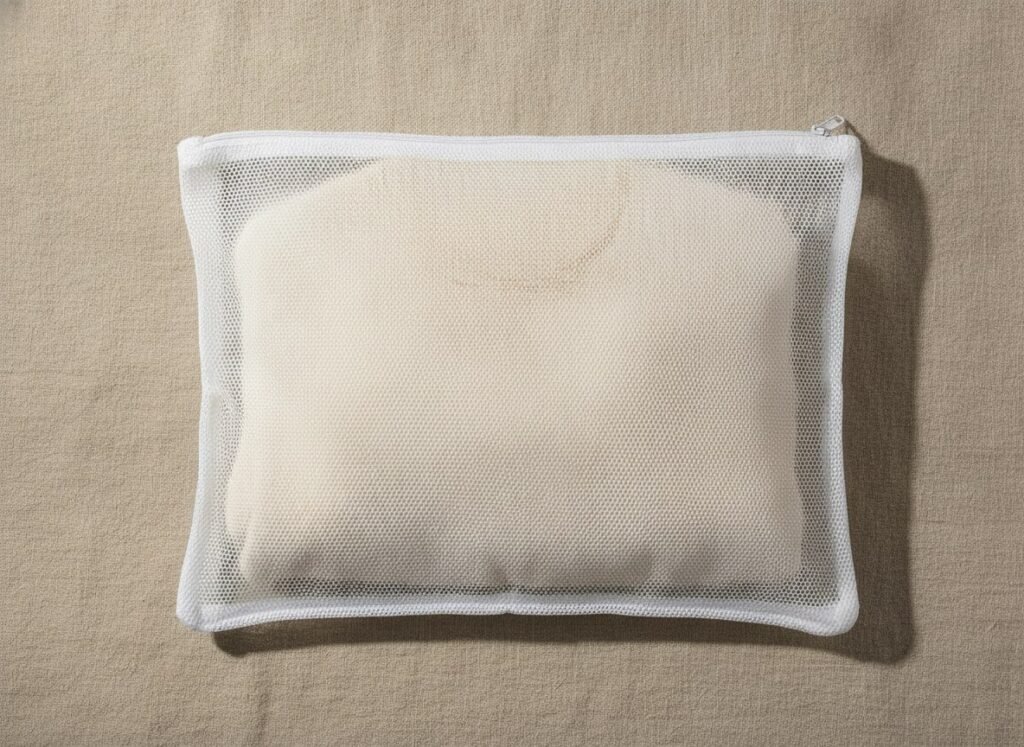Pull duveteux crème plié dans un filet de lavage à fermeture
