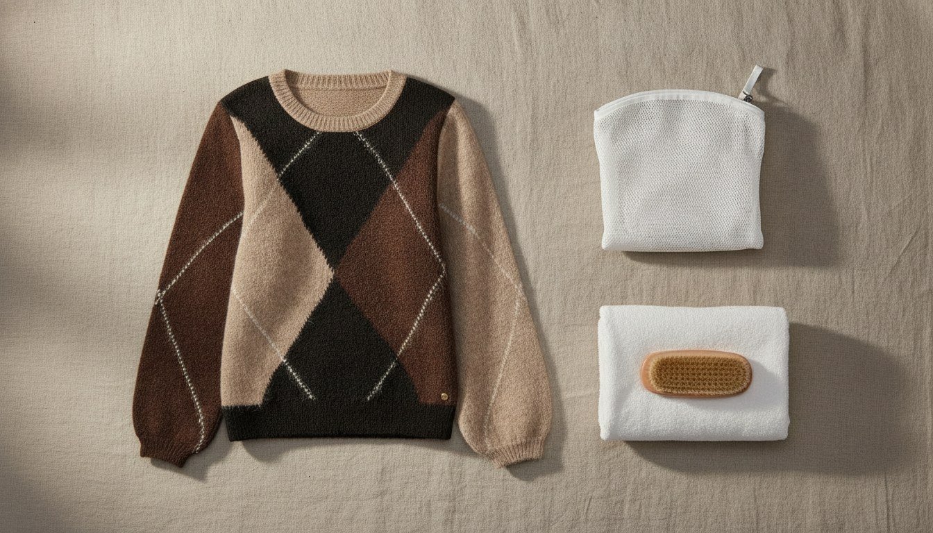 Comment laver un pull en laine : pull argyle, filet de lavage, serviette éponge et brosse