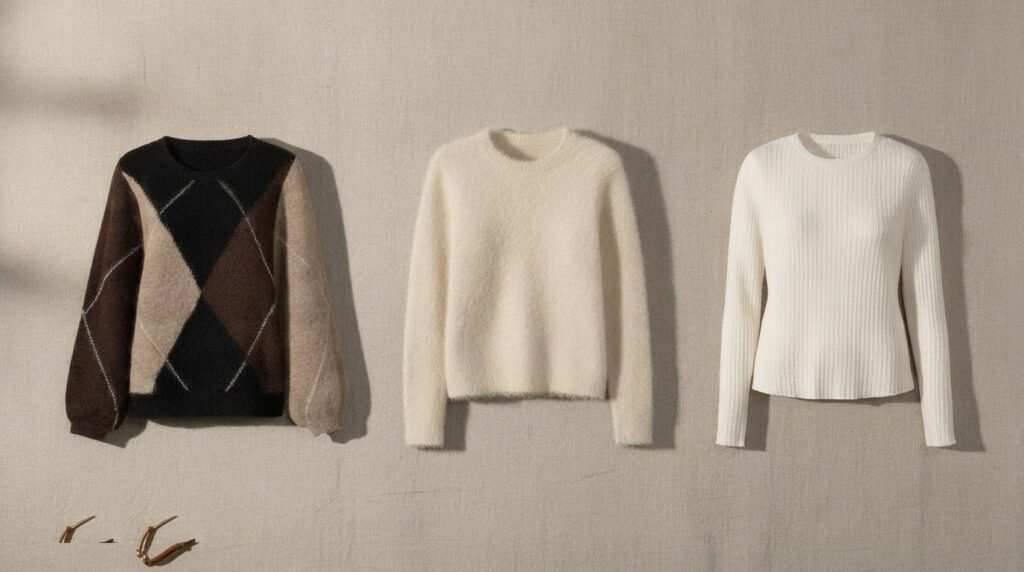 Trois mailles côte à côte : pull argyle, maille duveteuse crème, top fine maille écru