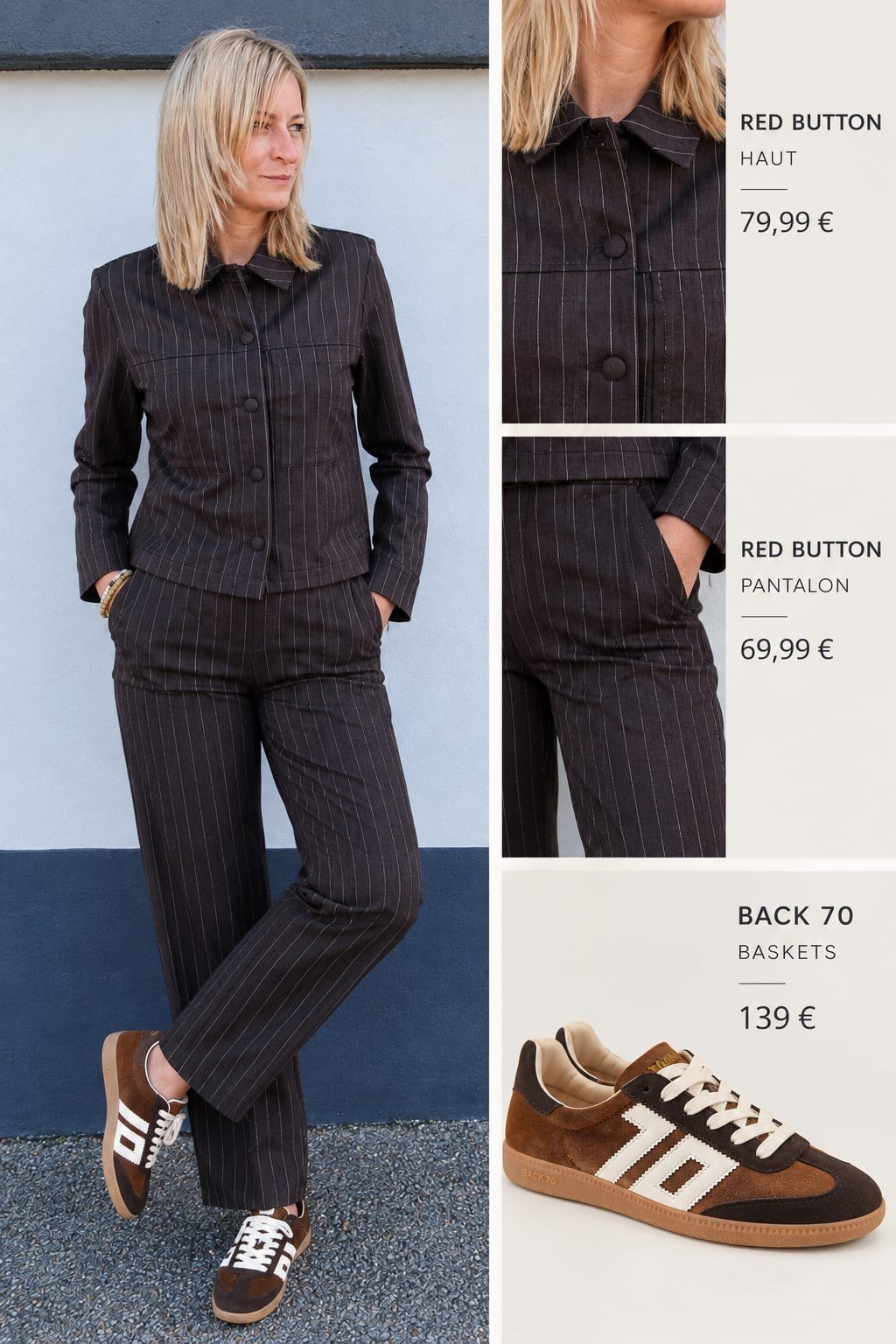 Look complet Red Button : veste Punta et pantalon Colette à fines rayures espresso portés avec des baskets Back 70