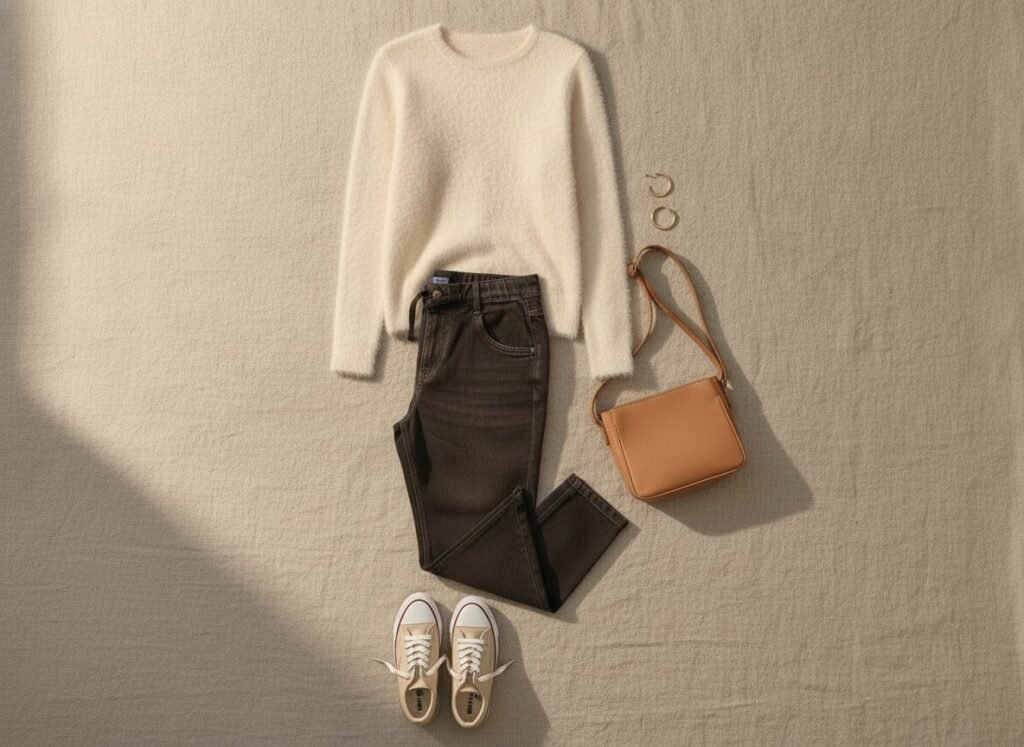 Pull fluide crème, pantalon marron glacé et baskets écrues : éclairer le marron