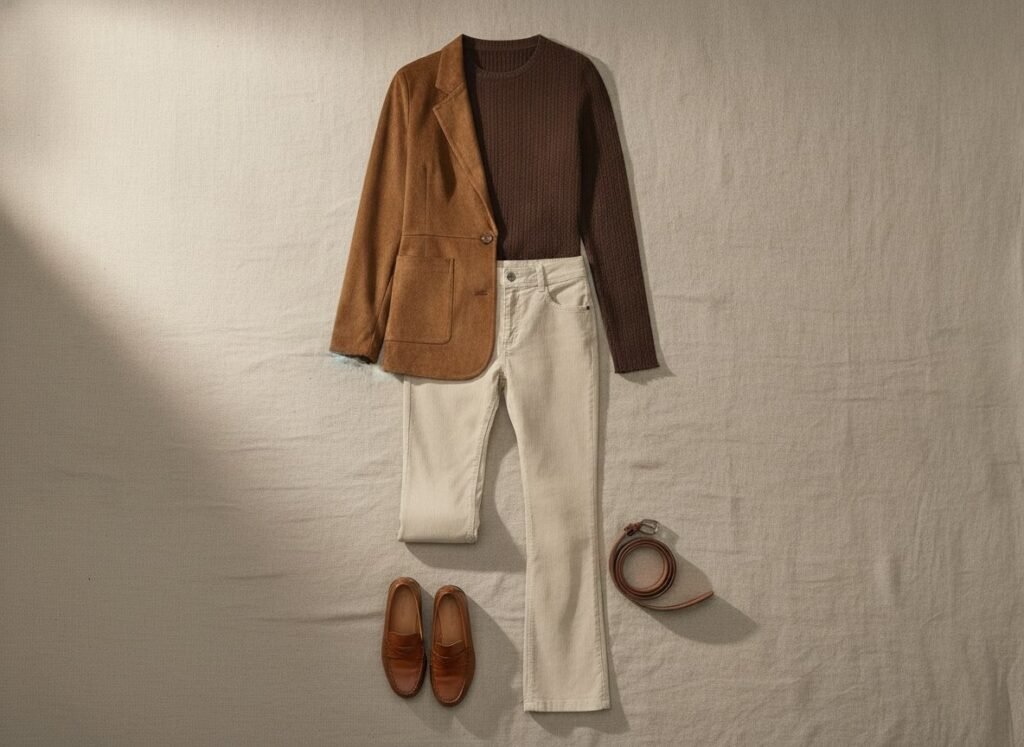 Top fin espresso, velours côtelé stone et blazer praline : trois marrons, trois matières