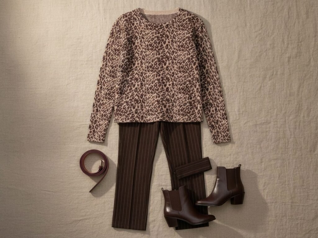 Pull bordeaux imprimé, pantalon espresso à fines rayures et bottines : bordeaux sur espresso