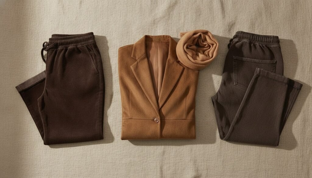 Trois nuances de marron : velours espresso, blazer praline, coton marron glacé