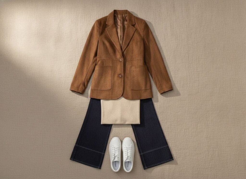 Blazer suédine praline ouvert sur un jean bleu foncé et des baskets blanches