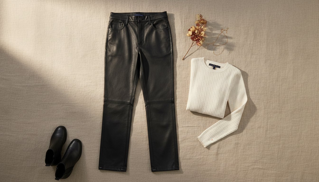 Pantalon simili cuir noir avec top écru, bottines et bijoux dorés