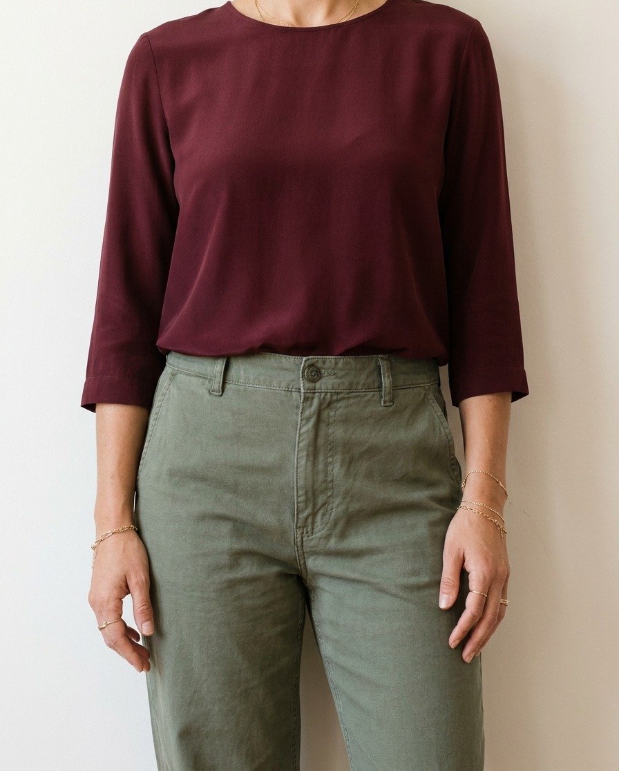 Pantalon kaki en version soirée, touche dorée