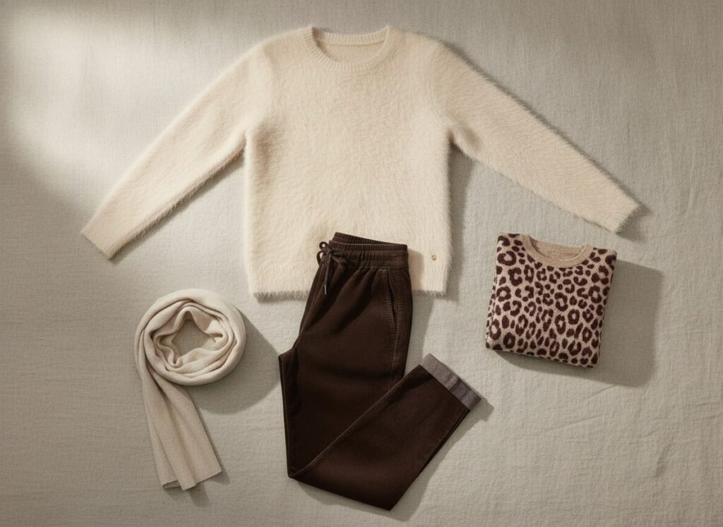 Pull crème sur pantalon espresso, pull bordeaux et écharpe écrue : couleurs d’automne pour femme ronde