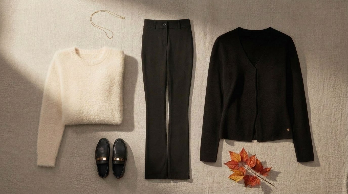 Tenue automne femme ronde : maille fluide crème, pantalon noir taille haute et blazer en maille
