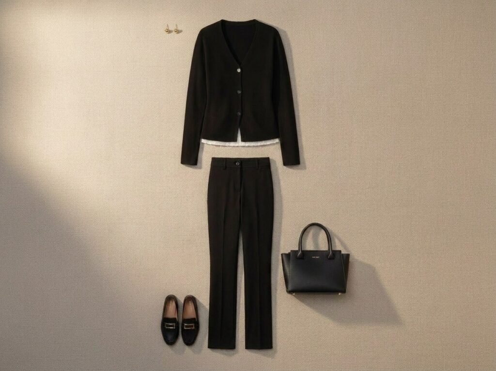Tenue de bureau femme ronde : top fin, pantalon noir droit et blazer en maille